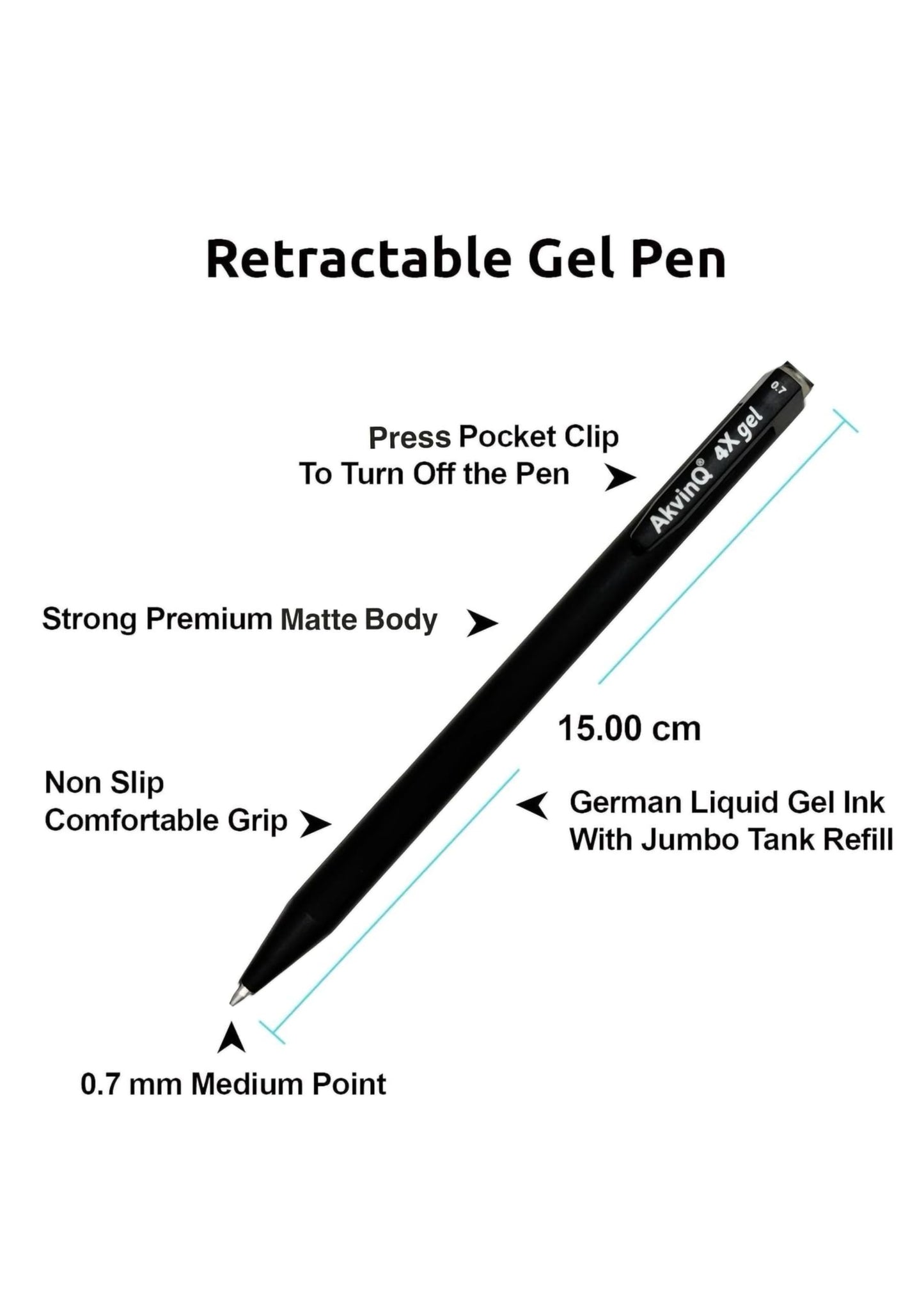 AKVINQ® 4X Gel Retractable Gel Pen | 0.7mm Medium Point | Black Gel Ink Pens | Pack of 36 Pens | Premium Matte Finish | Jumbo Refill | Bulk Pack for Journaling, Writing, Note-Taking, Office Supplies