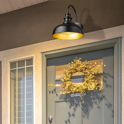 Bestshared Gooseneck Barn Light 14 Inch Dome Farmhouse Outdoor Wall Sconce,Exterior Wall Mount Lighting Fixture Outdoor Lantern Lamp for Front Door, Entryway,Patio,Garage (Black+ Gold, 14” Dome-2Pack)