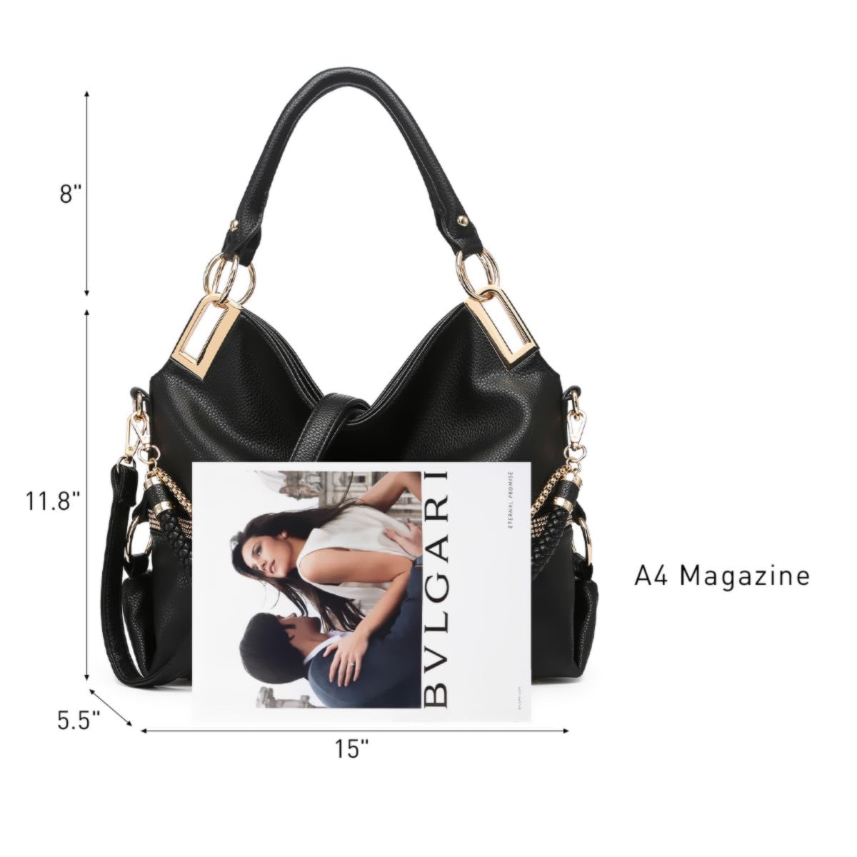 Dasein Women's Large Hobo Bag with Rhinestone Accents Vegan Leather Tote Purse Shoulder Handbag for Ladies (Black)