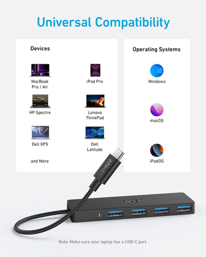 Anker 4-Port USB 3.0 Hub with 5Gbps Data Transfer, Ultra-Slim USB-C Connector Hub, for MacBook, iMac, Surface, Mobile HDD, and More (2 ft USB-C Connector, Charging Not Supported)