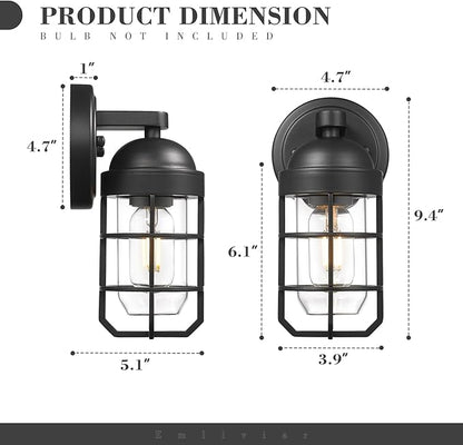 Emliviar Farmhouse Outdoor Wall Light, 2 Pack Wall Light Fixtures with Clear Tempered Glass, Black Finish, GE255B-2PK BK