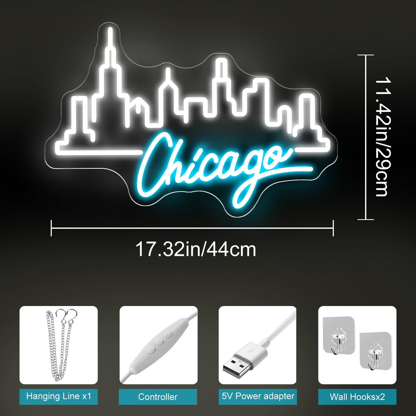 City Light Chicago Neon Sign, Skyline Neon Light, Home Wall Office Decor, Chicago City Led Sign, City Sign for Christmas Birthday Gifts Women Gift Bar Pub Store Club Garage Home Party-White-17.3"