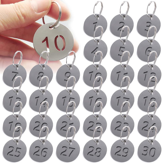 1-30 Stainless Steel Numbers Tags, BetterJonny 23mm Round Hollowed Numbered Keychains,Metal Key with Rings for Dormitory House Lockers Bathroom Sauna