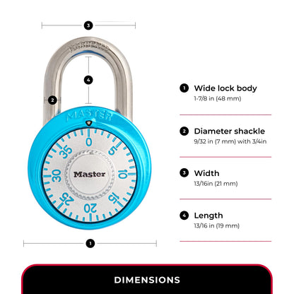 Master Lock Light Blue Gym Locker Lock, Indoor Combination Padlock with Aluminum Cover for School Locker, 3-Digit Code, 1561DLTBLU