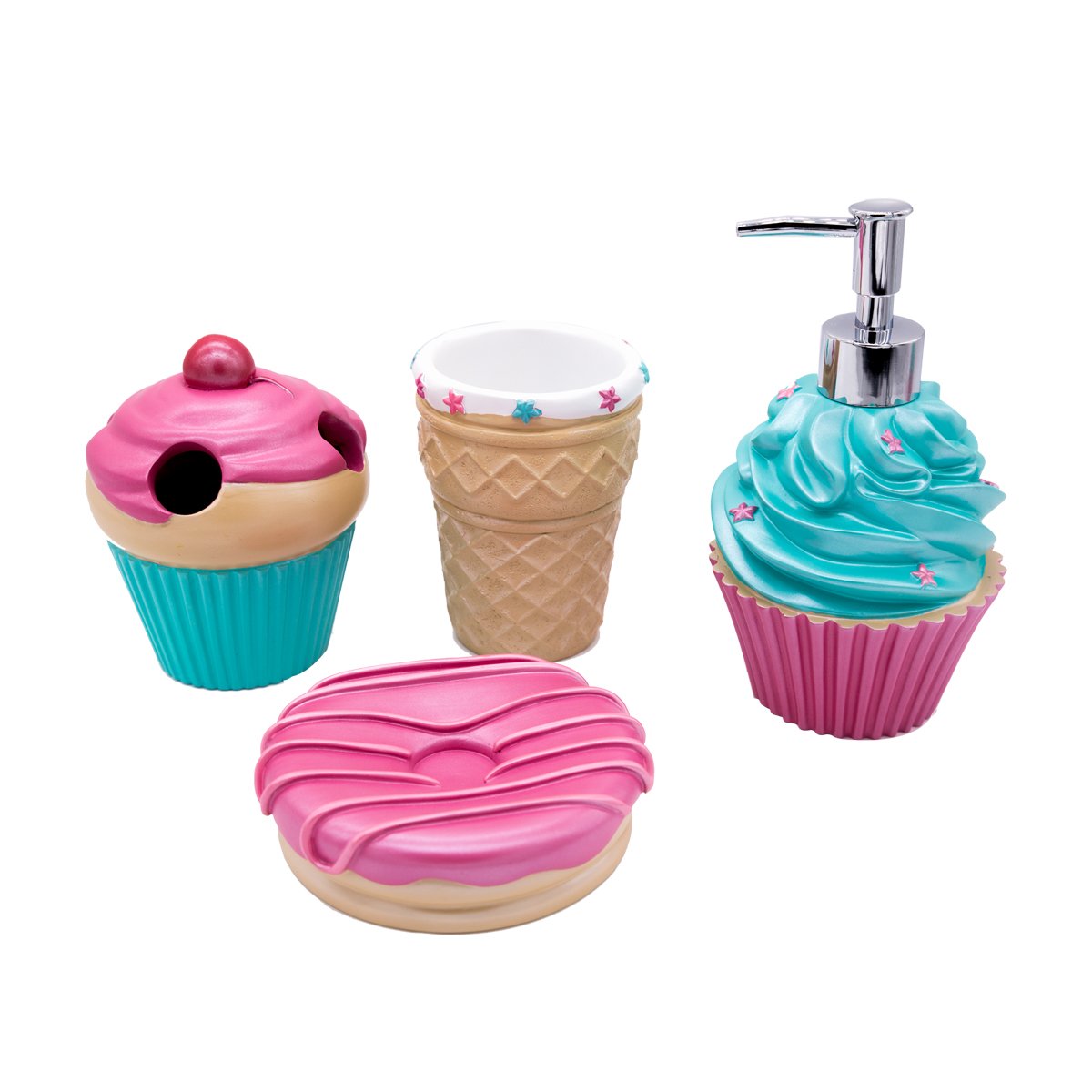 YangShiMoeed Bathroom Accessories Sets Organizer Complete with Milkshake Lotion/Soap Dispenser,Egg Tube Bath Cup/Tumbler,Donut Soap Dish,Cake Toothbrush Holder for Kids Bath Decor (Pink)