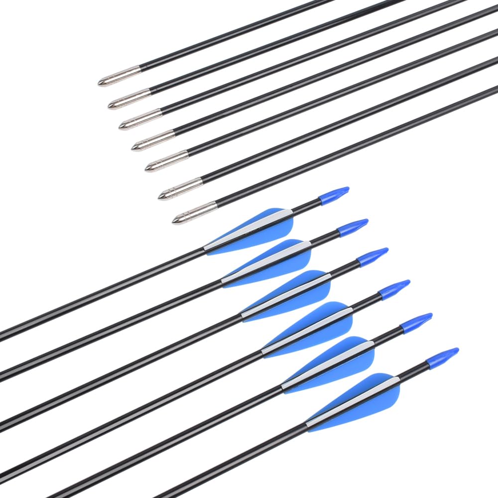 Fiberglass Arrows Archery 28 Inch Target Shooting Practice Safetyglass with Blue and White Vane for Recurve Bows Suitable for Youth Woman Beginner 6 PCS