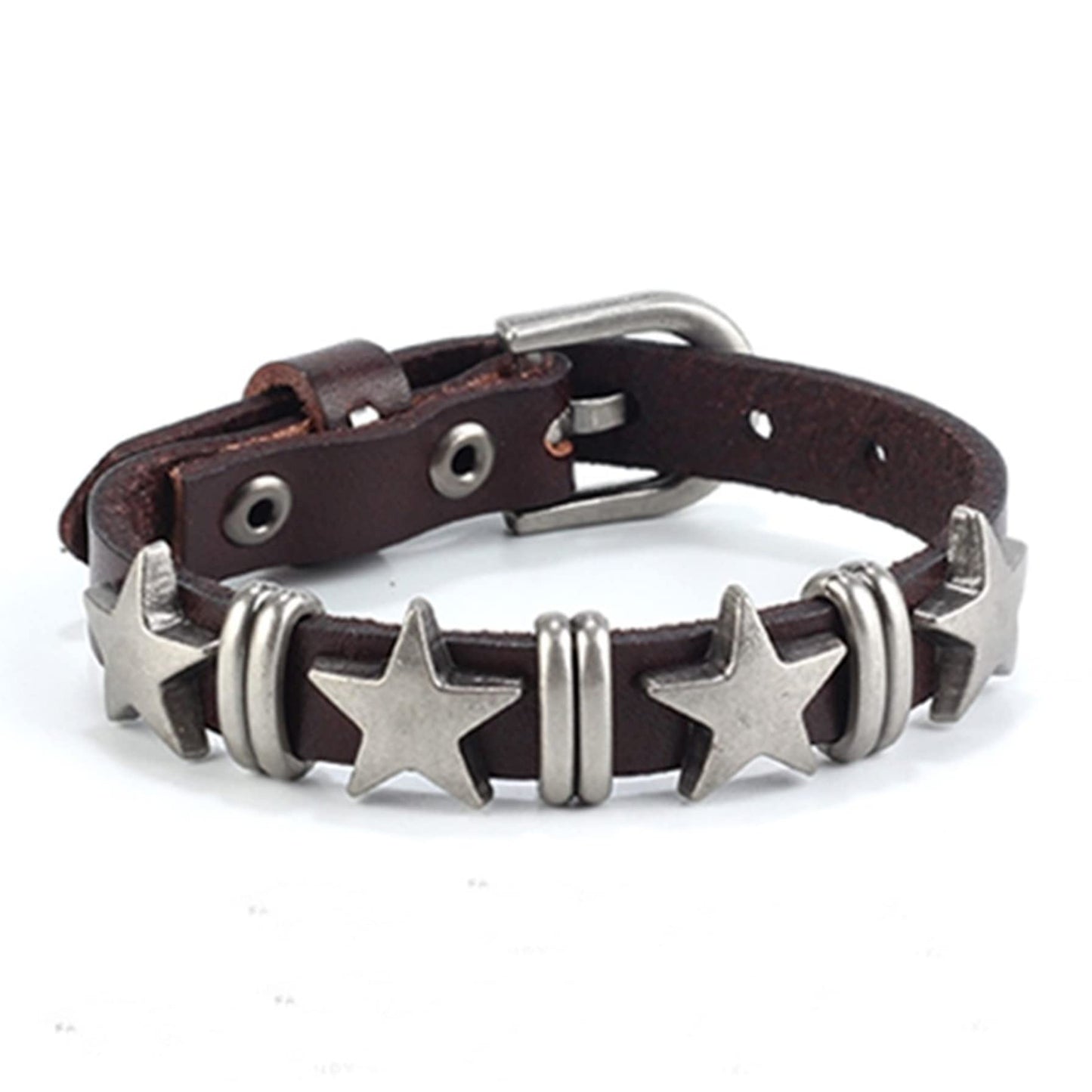 GelConnie Men's Leather Cuff Bracelet Leather Wristband Mens Brown Bracelets Biker Punk Bracelet Star Cuffs With Adjustable Straps