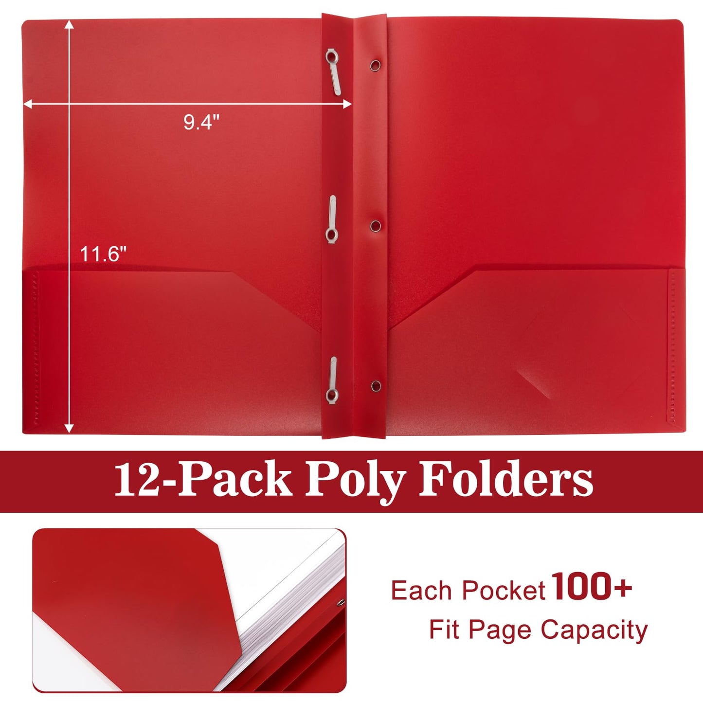 EEHZTSI 12-Pack Plastic Folders with Pockets and Prongs, 2-Pocket Poly Folders with 3 Fasteners Holds 8-1/2" x 11" Paper for School/Office/Home, Red