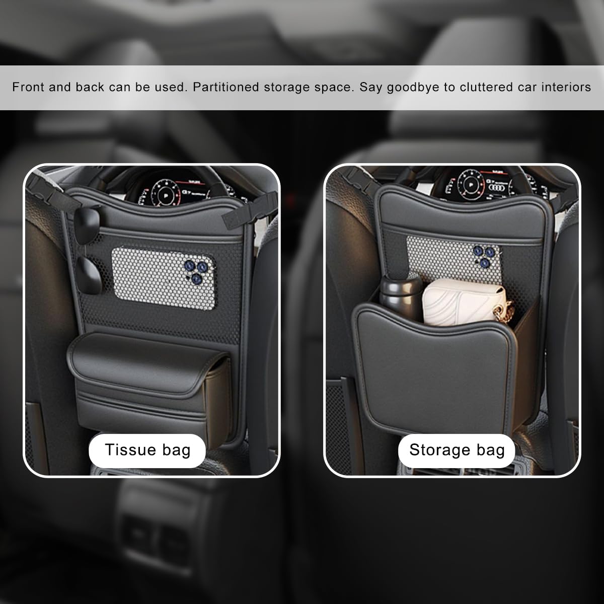 MTRPS Car Purse Holder Between Seats, Nappa Leather Front Seat Storage Bag with Tissue Holder, Large Capacity Automotive Console Organizer for Document Phone Wallet, Car Accessories (Black)