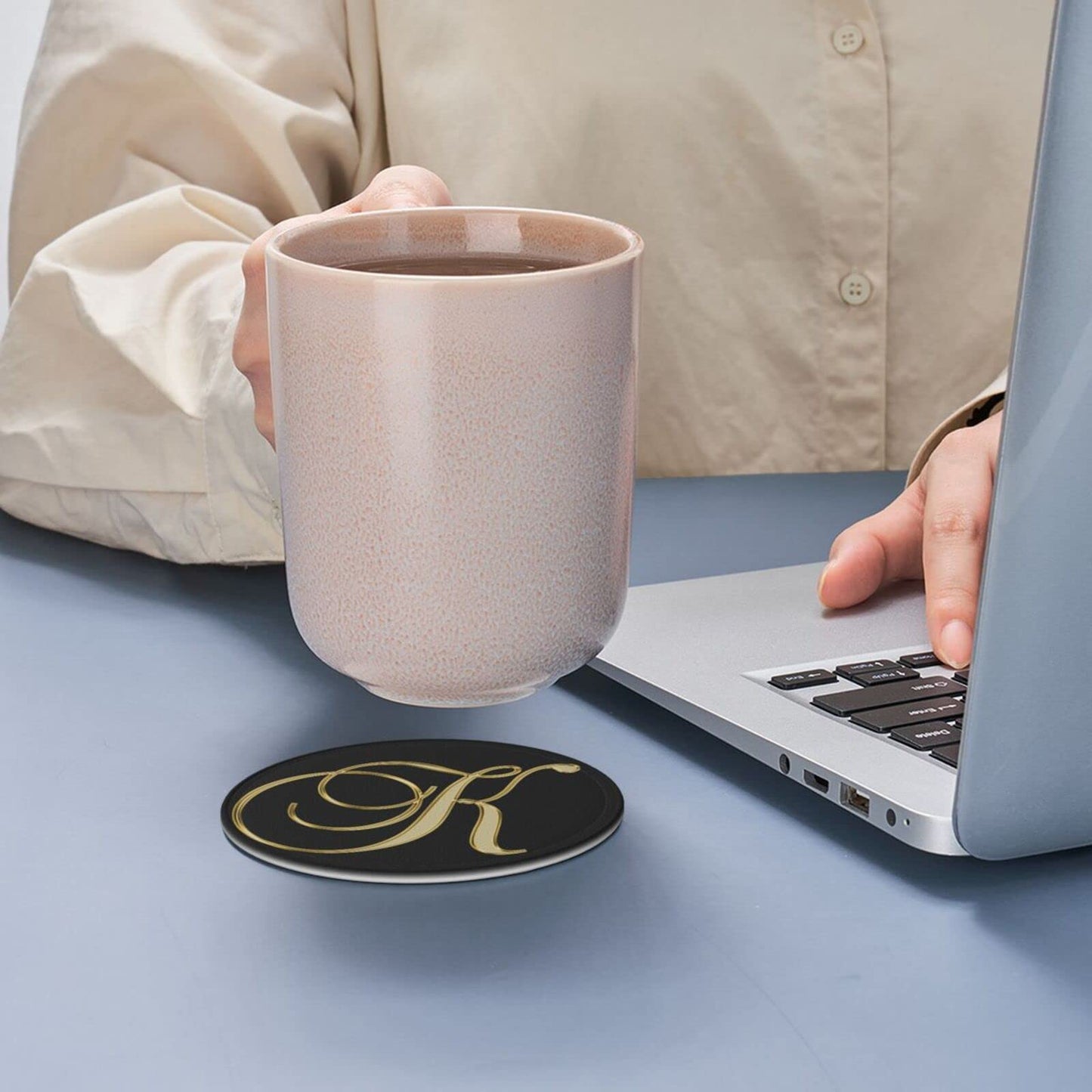 Famame 6 Pcs Letter K Alphabet Gold Print Leather Coasters for Drinks with Holder Coaster Sets Drink Table Cup Coasters for Living Room Kitchen Coffee Decor