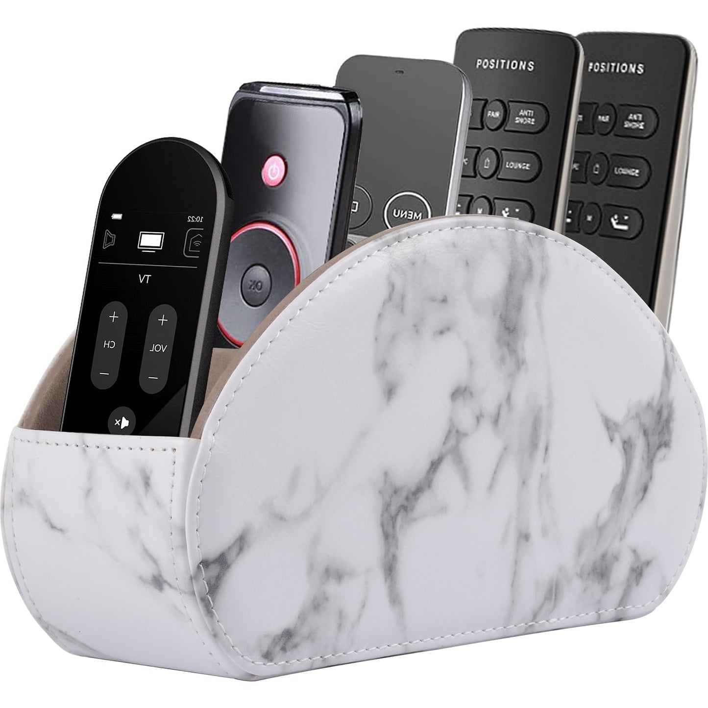 RHCSZ Leather Remote Control Holder with 5 Compartments TV Remote Caddy Store Box,Desktop Organizer for Controller, Glasses and Media Player,Pen Storage (White)