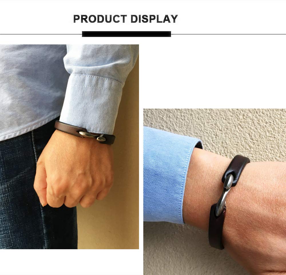 CJMILADO Mens Genuine Leather Bracelet - Handmade Adjustable Leather Cuff Bracelet punk Style leather wrap Wristband for Men (S-Hook Brown)