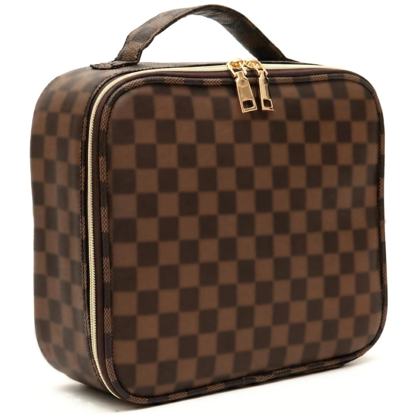 WIRIBEY Elegant Checkered Toiletry Travel Organizer - Vintage Retro Cosmetics Bag with Gold Zipper, Budget-Friendly Christmas Thanksgiving Birthday Gift for Mom Wife Sister, PU Leather Pouch