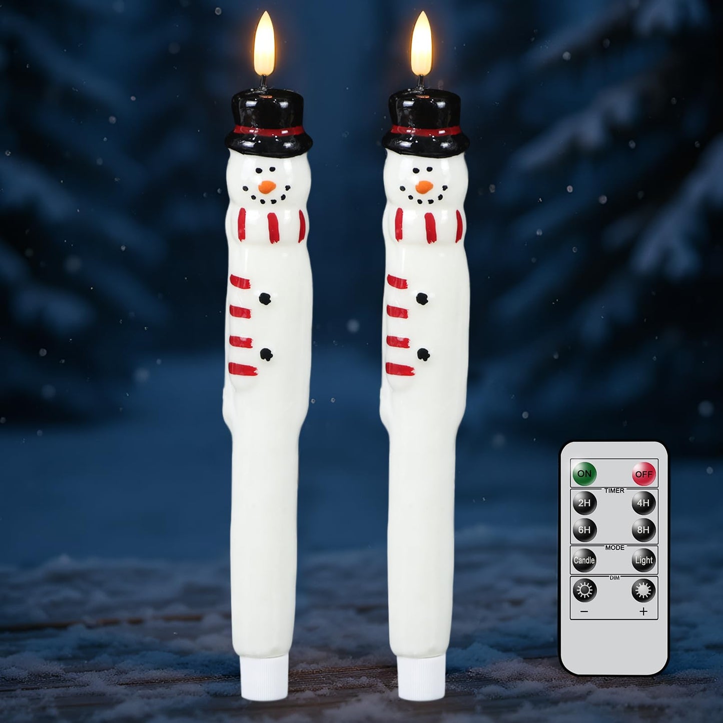 Lasumora Christmas Flameless Taper Candles with Remote Timer, 2 Pcs Hand-Painted Snowman Sculpture Shape LED Candlesticks with 3D Flickering Flame for Home Décor Christmas Gifts