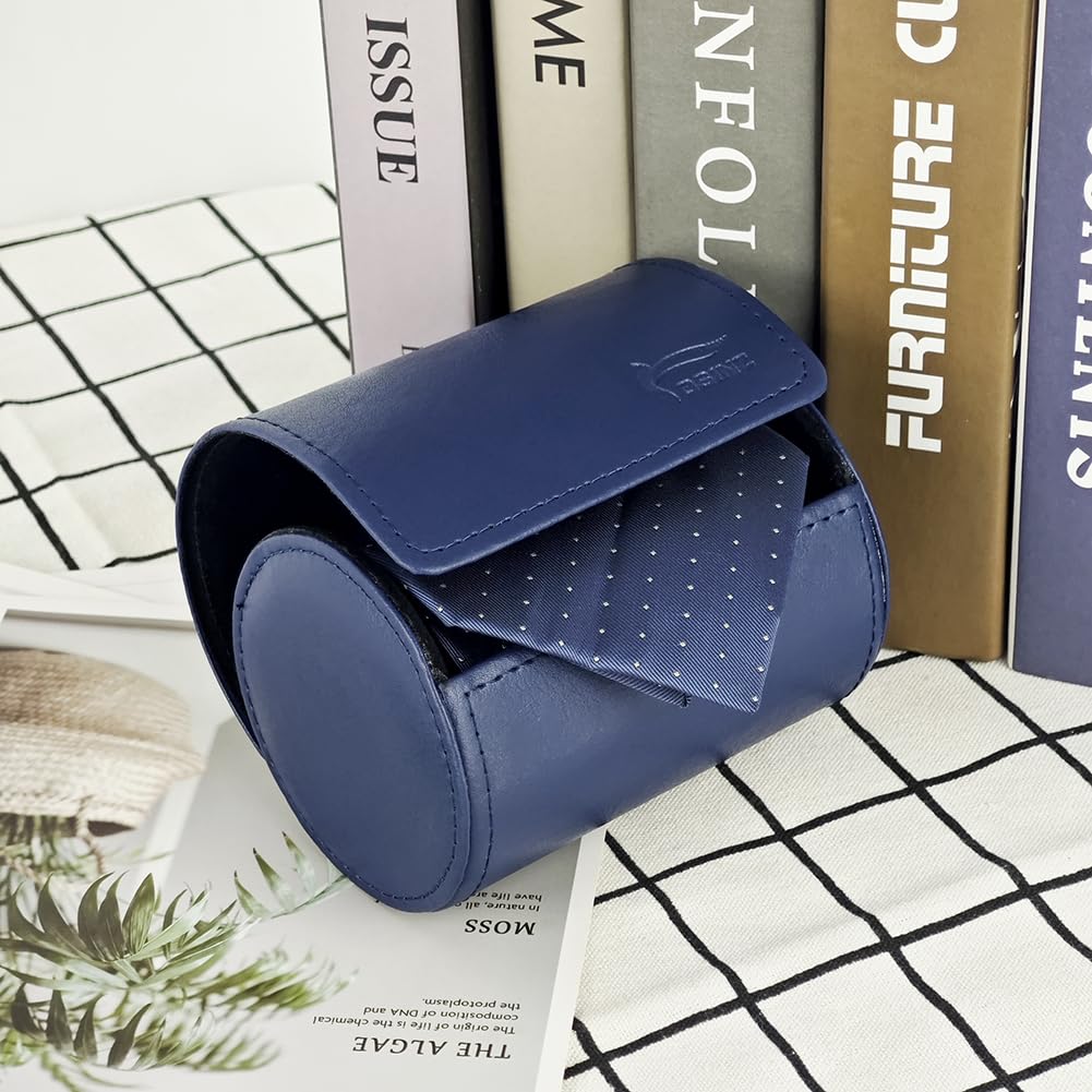 BALITIOYI Leather Tie Case Box Organizer for Men's Necktie and Bow Tie Storage Travel Gift Box (round button, Blue, 4.3" x 3.3" x 3.3")