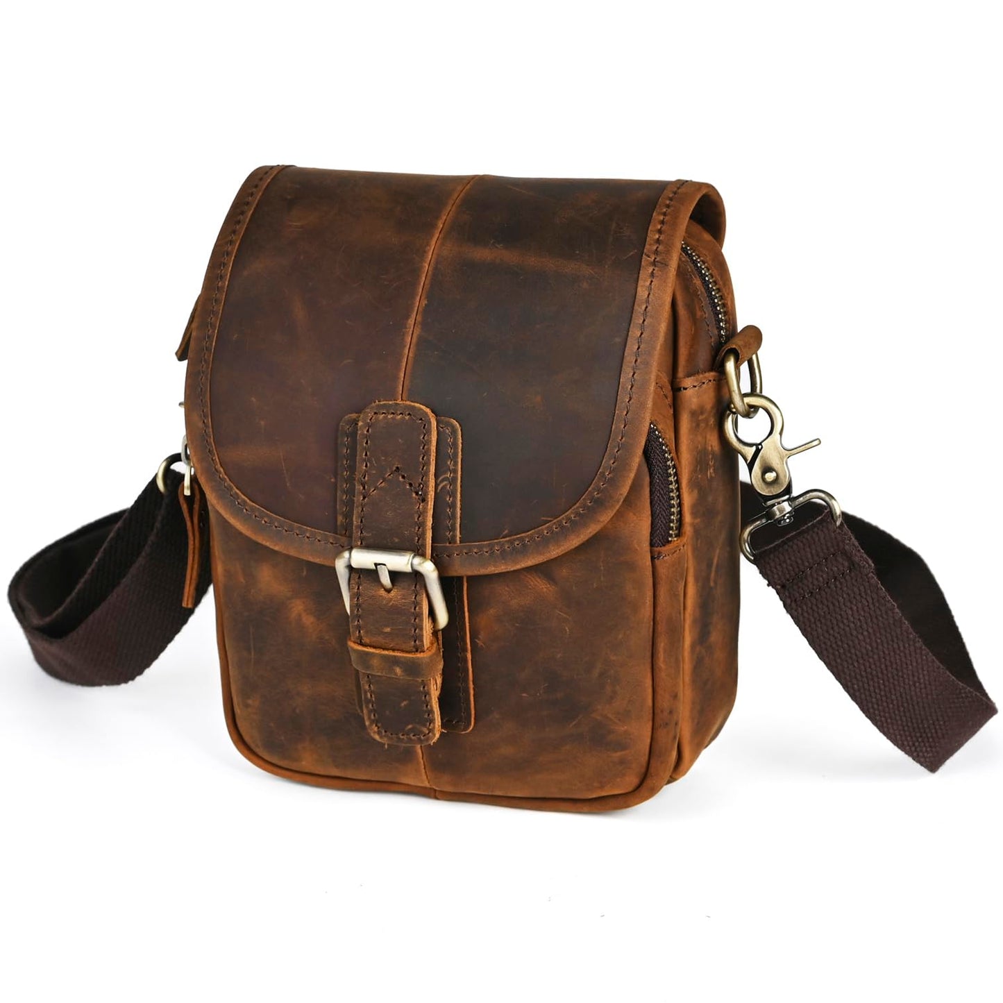 Handadsume Water Resistant Canvas + Leather Hiking Riding Travel Fanny Waist Pack Small Phone Pouch For Men Women FB811-29 (100% Leather- Coffee)