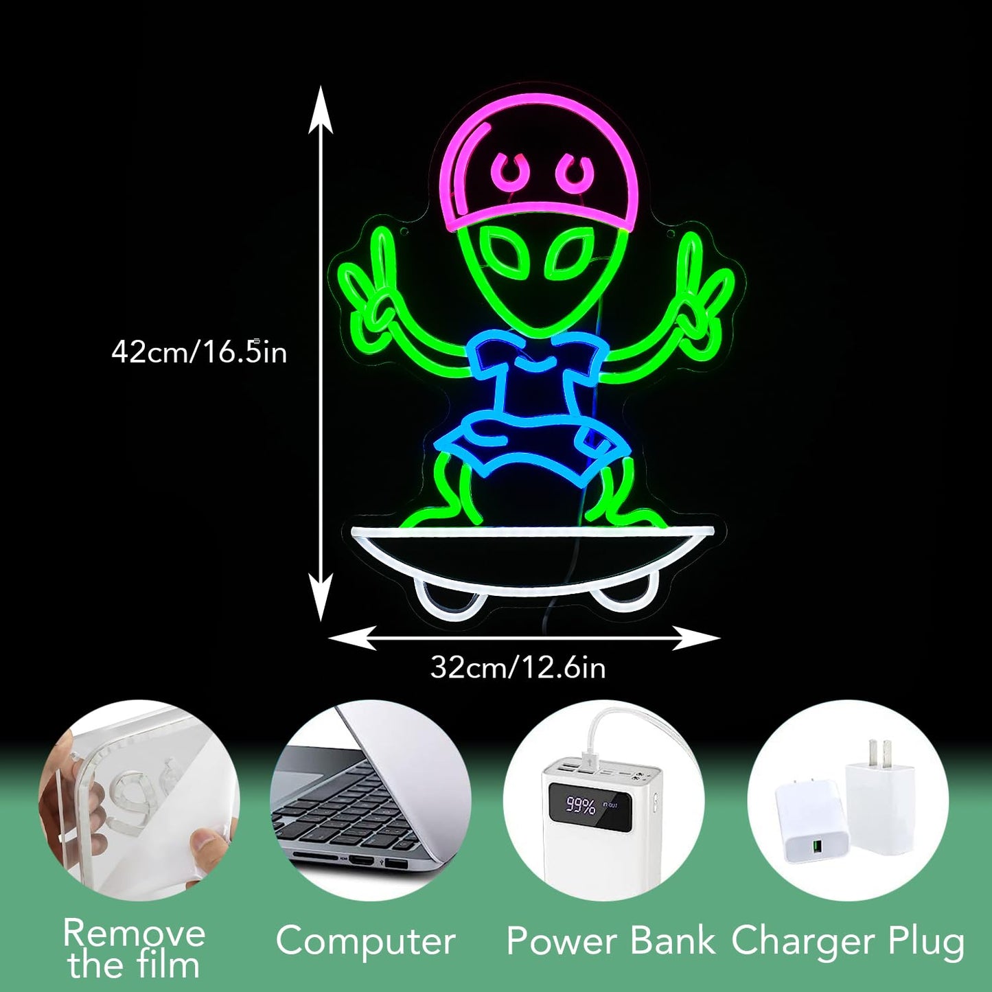JLEWUINH Skateboarding Aliens Neon Sign Aliens Led Neon Light for Wall Decor USB Cool Aliens Light Sign for Game Room Bedroom Man Cave Art Wall Decor(16.5”*12.6”)