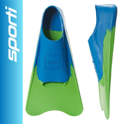Sporti Adult-Kids Short Swim Fins, Floating Fin for Swimming & Snorkeling, Swim Flippers for Training - Lime GreenBlue - M 5-6 / W 6-7