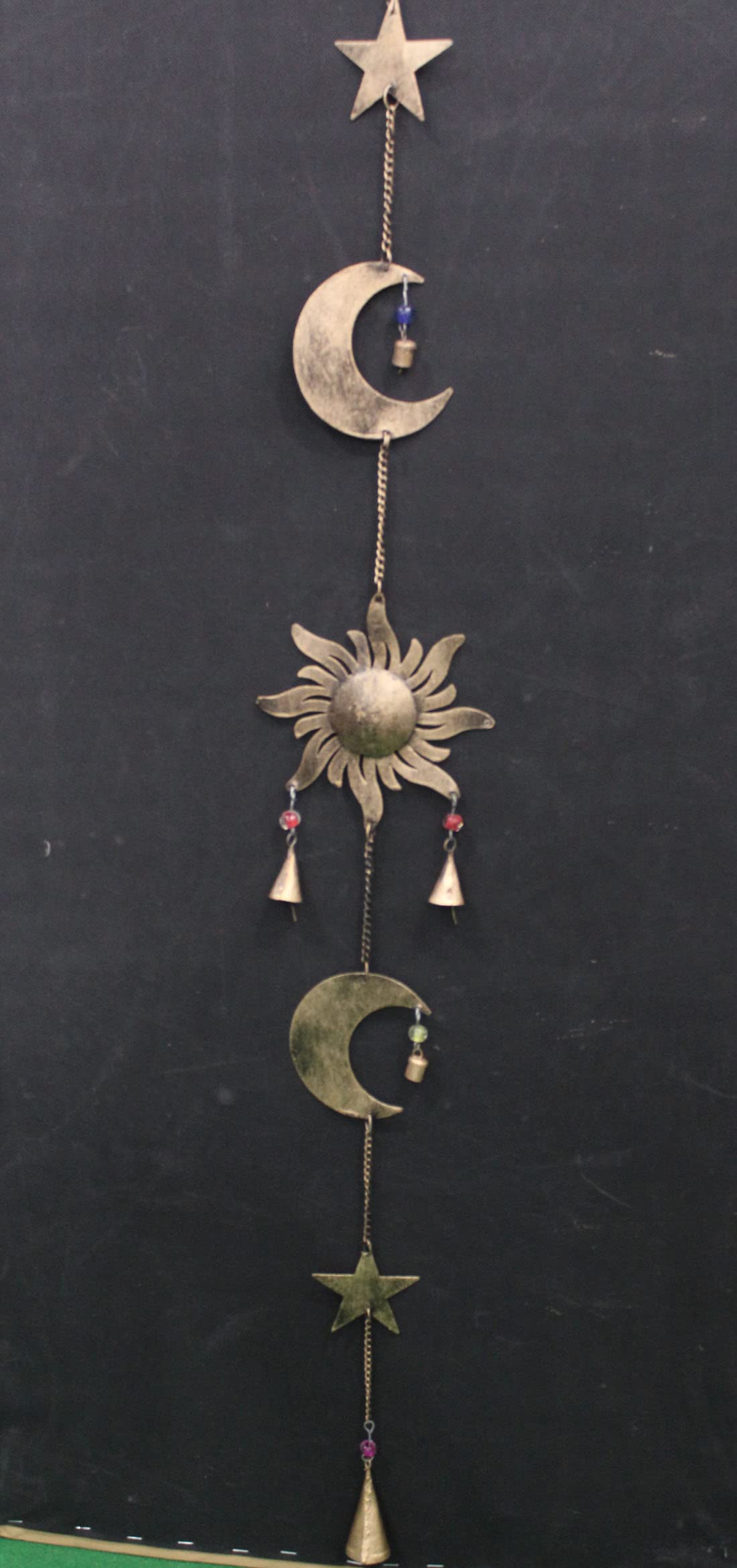 43 Inch Metal Sun Moon Star Wind Chime – Antique Bronze Celestial Wall Hanging with Bells – Handcrafted Boho Home & Garden Decor for Balcony, Patio, Porch, Entryway.
