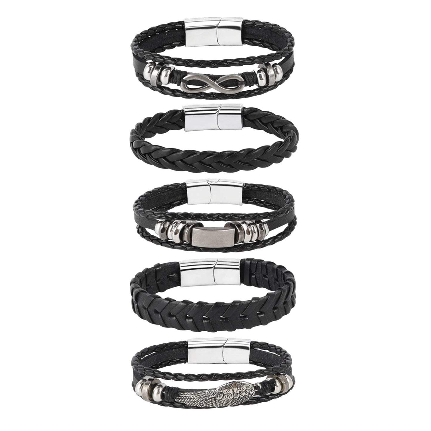 MILAKOO 5Pcs Punk Bracelets for Men Stainless Steel Clasp Woven Braided Leather Wristband Goth Style