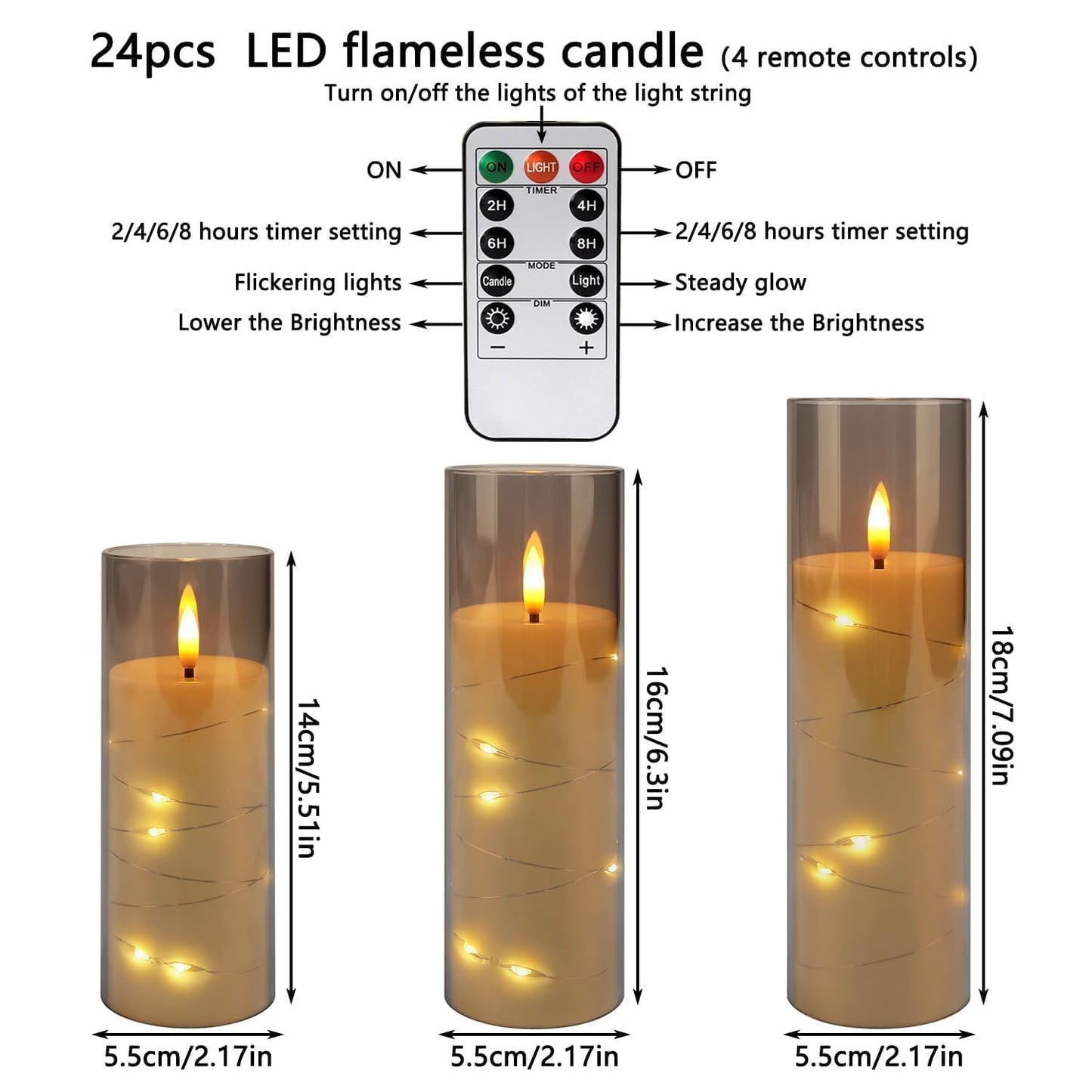 24 Pack Flameless LED Pillar Candles with Remote & Timer, Flickering Battery Operated Candles with Embedded Starry Lights, 3-Sizes Gray Acrylic Decorative Candles for Wedding, Home, Party Decor