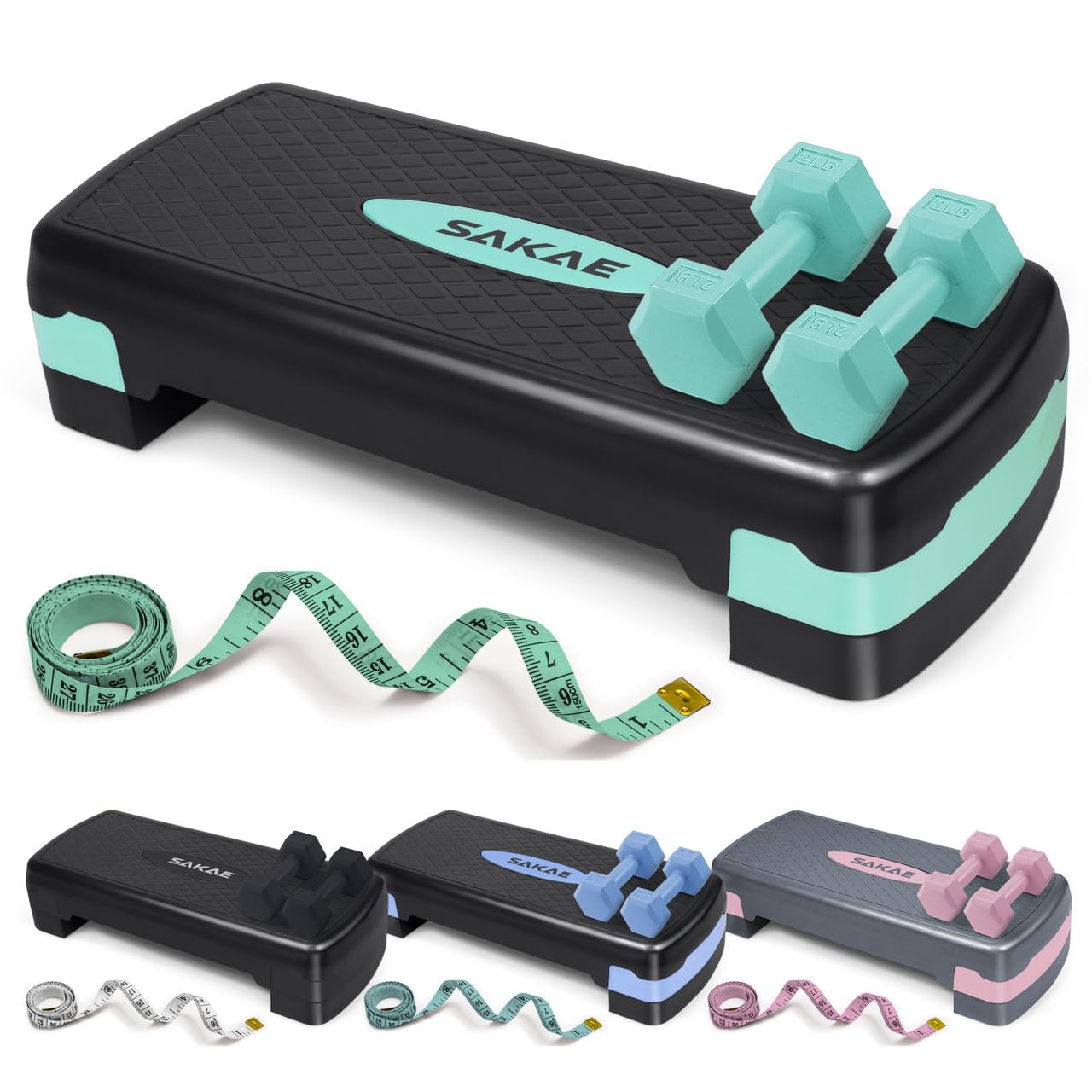 Aerobic Stepper Set with Dumbbells & Measuring Tape, Adjustable Height 2 Level Risers Workout Exercise Step Platform, Green Black, the Ultimate Gift for a Joyful Holiday and Merry Christmas