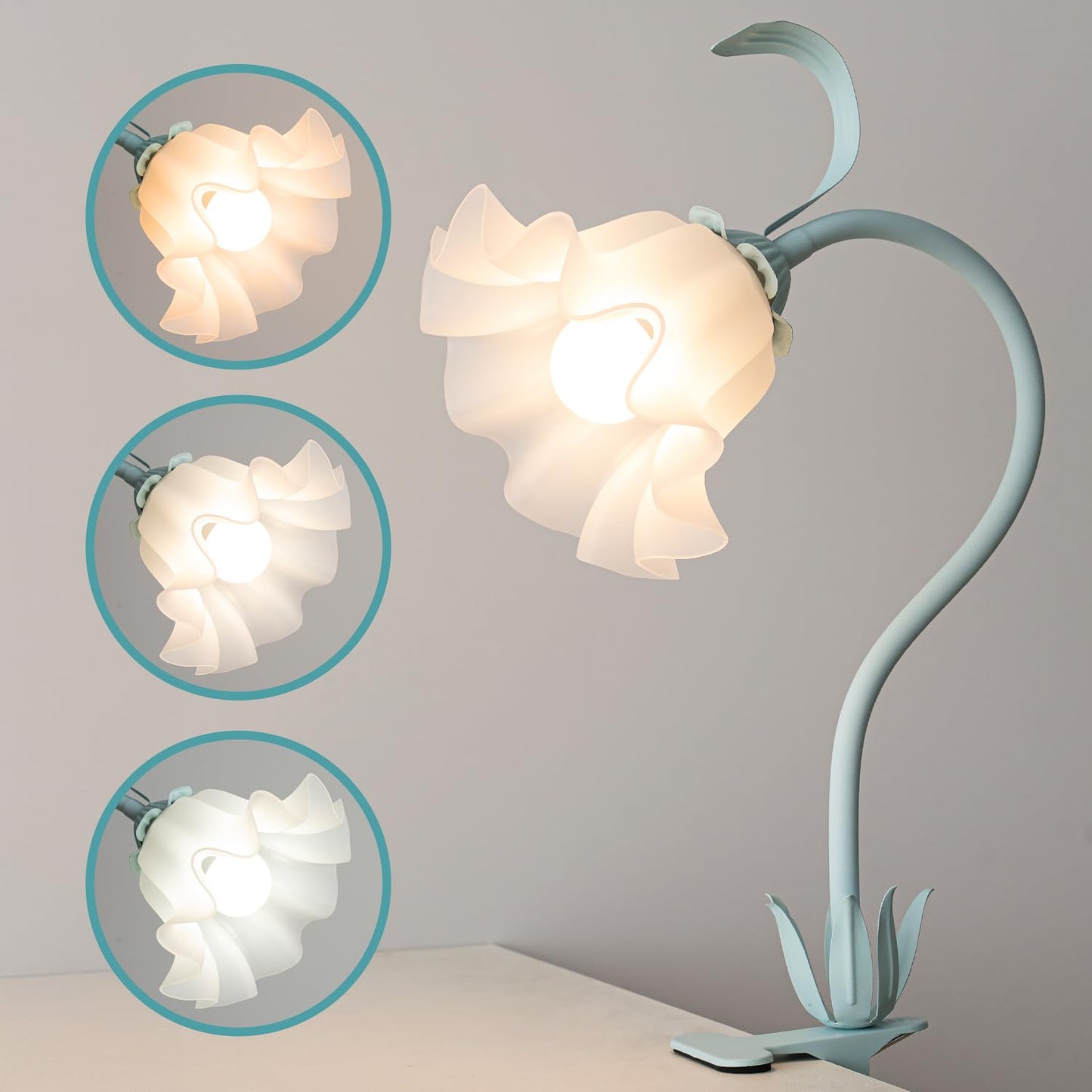WERFOP Flower Lamp Clip on Light, 3 Color Modes Eye-Caring Desk Lamp with Clamp, Dorm Room Essentials, Flexible Neck Reading Clamp Lamps for College Bedside Bookshelf Studying Room (Powder Blue)