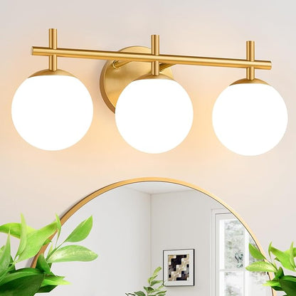 3-Light Bathroom Light Fixtures, Brushed Gold Vanity Lights for Bathroom with Milky White Glass Ball Shades, 18.9 inch Bathroom Lighting Fixtures Over Mirror, Wall Sconce for Bedroom (Exclude G9 Bulb)