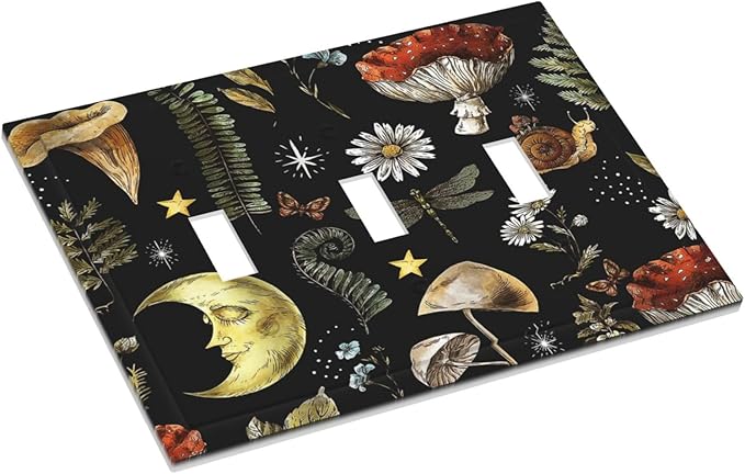 Nature Plant Botanical Daisy Mushroom Snails And Moon 3 Gang Wall Plates Decorative Triple Toggle Light Switch Cover Electrical Switchplate Unused Decorate Faceplate for Bathroom Home