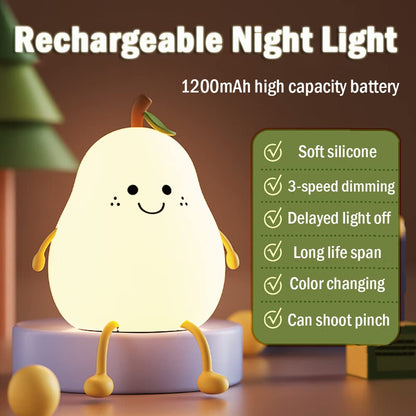 LEDHOLYT Night Light for Kids, Cute Silicone Nursery Pear Lamp for Baby and Toddler,Fruit NightLight for Boys and Girls,Squishy Night Lamp for Bedroom,Kawaii Bedside Lamp for Kids Room (Pear)