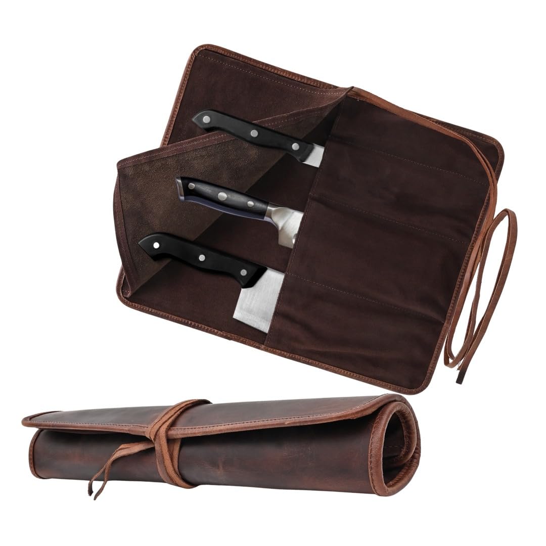 Autentico Genuine Buffalo Leather Small Knife Case Holder Chef's Knife Roll Holder Cutlery Sheath Carrying Case Organizer Storage Bag Travel Friendly Artist Gift for Men & Women Teak