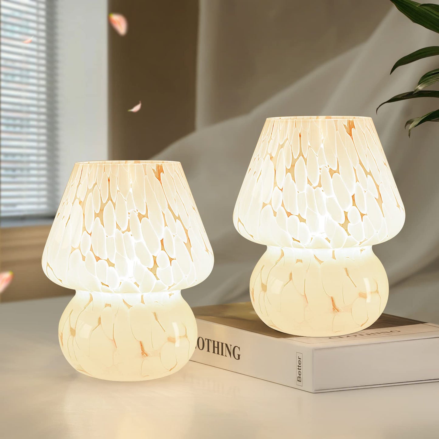 ONEWISH Cute Mushroom Lamp Small Bedside Table Lamp Set of 2 Stepless Dimmable, Translucent Glass White Nightstand Lamp for Bedroom Dorm Kids Room Living Kitchen, Murano Aesthetic Home Decor