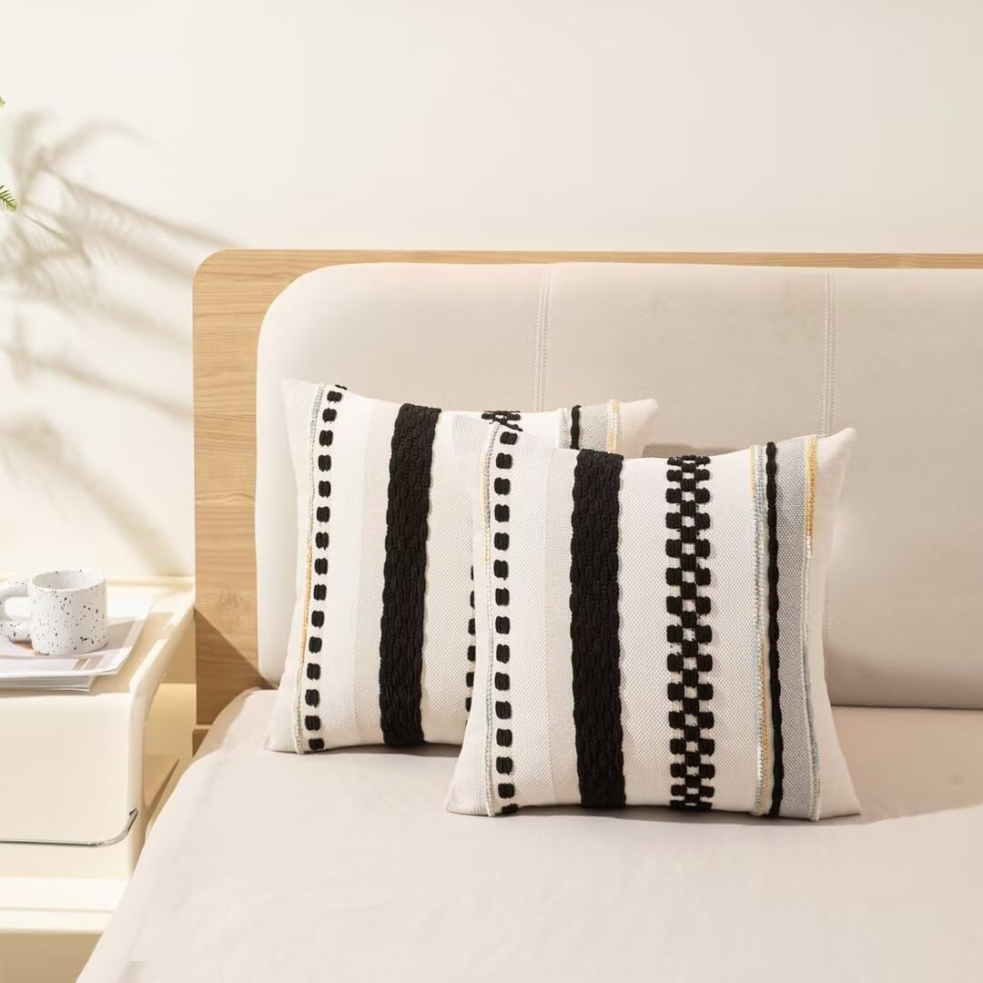 WANLIRD Boho Throw Pillow Covers 18x18 Set of 2 Farmhouse Decorative Cushion Case Striped Square Pillows Cover Chenille Pillow Cases Accent Neutral Pillowcase for Sofa Couch Bed,Black