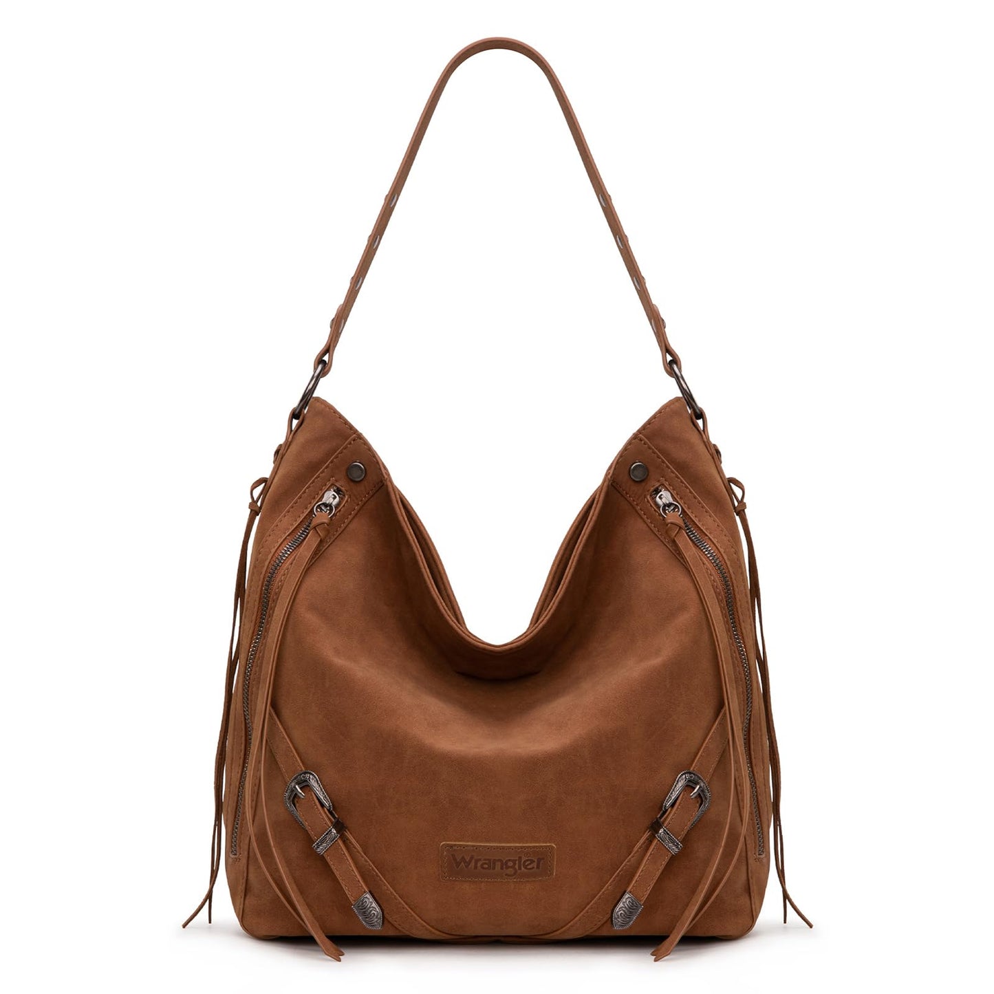 Wrangler Large Brown Hobo Bags for Women Purses and Handbags with Buckle Fringe Zipper Faux Suede Leather Shoulder Bag WG245-918BR