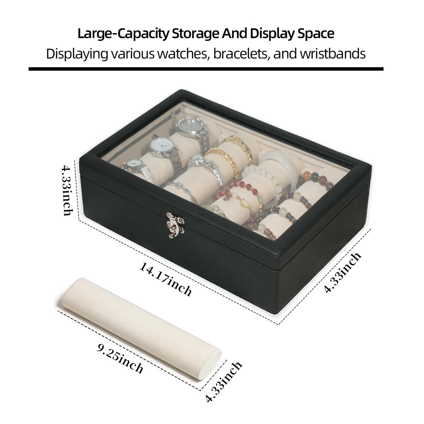 OrizeGe Jewelry Box with Glass Lid Bracelet Holder PU Leather for 4 Horizontal Rods Beige Velvet Watch Case for Women