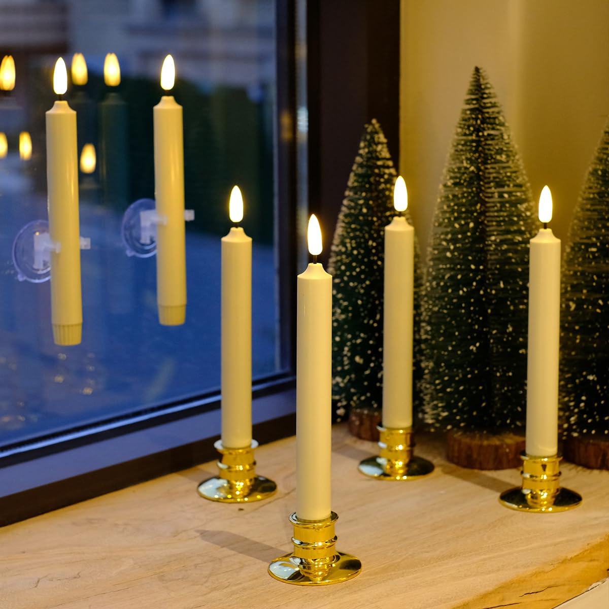 NONNO & ZGF 6PACK Flameless 8'' Window Candles +12 AA Batteries(Include)+6 Suction Cup+6 Golden Candleholders. Battery Powered Ivory Taper Candles with Remote and Timer.Remote Included