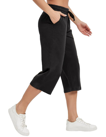 SPECIALMAGIC Women Capri Pants Cotton Yoga Wide Leg Pajama Pants Capris Sweatpants Sports Black Large
