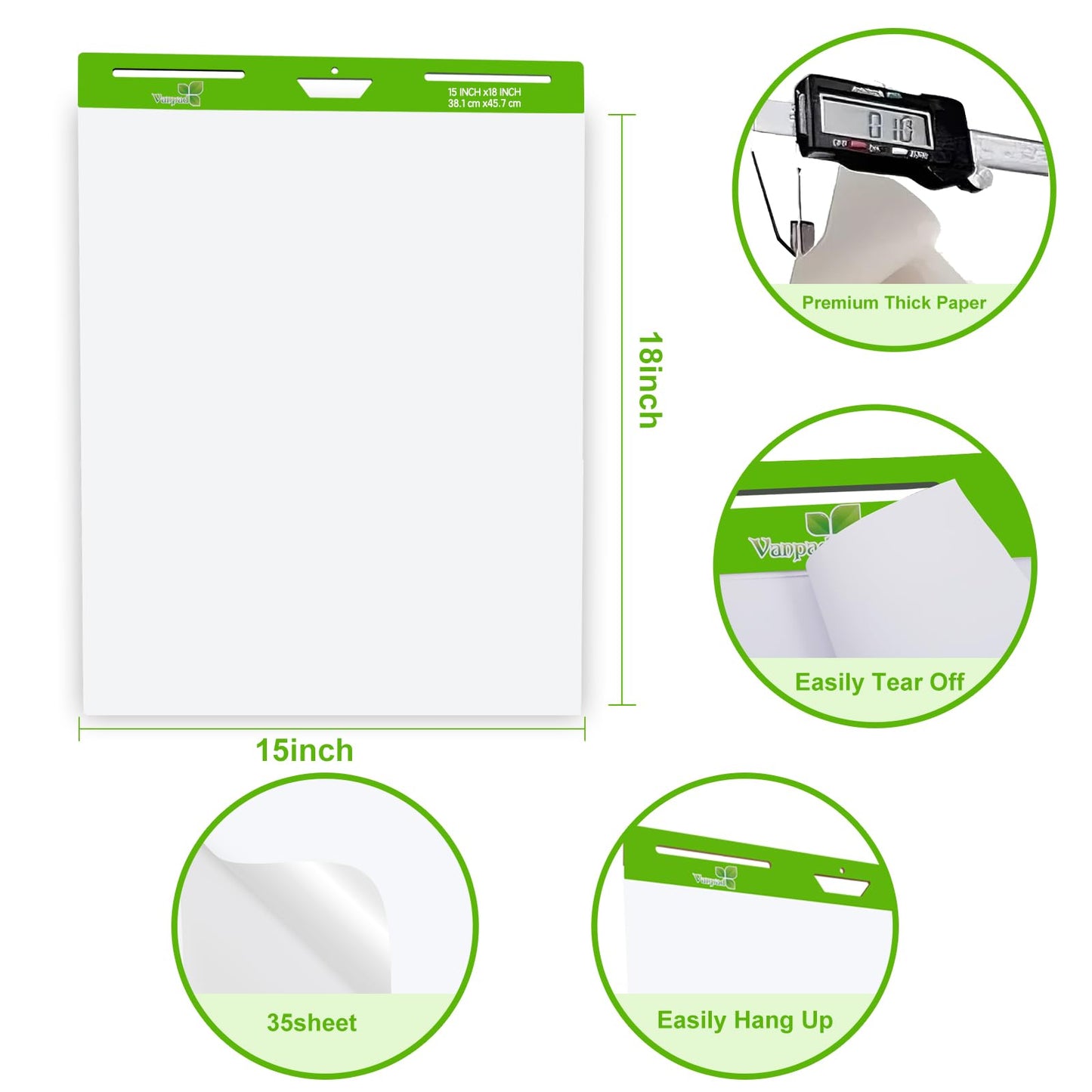 Sticky Easel Pad 15 in x 18 in, 35 Sheets/Pad, 4 Pads/Pack, 140 Sheets， Large White Sticky Easel Paper for Office and Classrooms, Flip Chart Paper for Teachers，Super Sticking Power & Bleed-Resistant