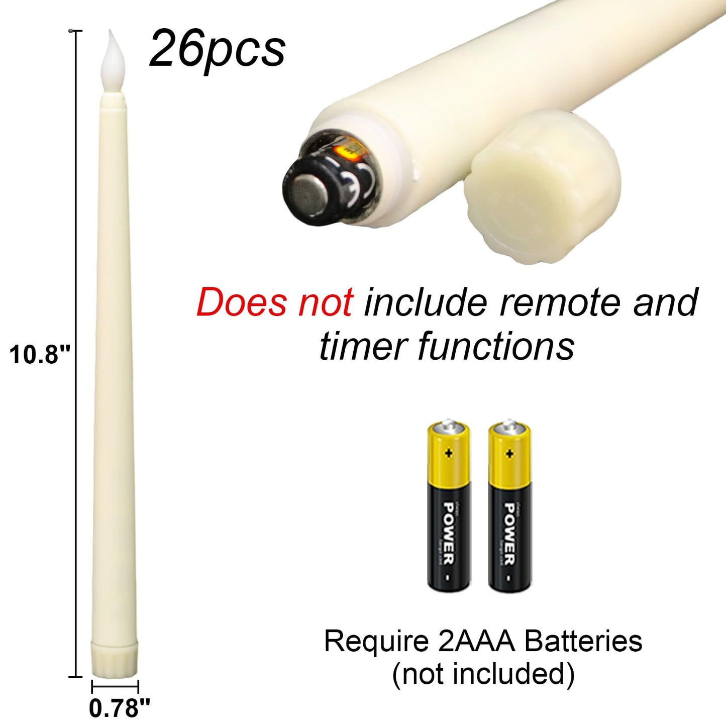 GenSwin 26 Pcs Flameless Taper Candles with 3D Wick, LED Taper Candles Battery Operated, Flameless Battery Candlesticks for Home Party Wedding Christmas Decor(Ivory, 0.78”x10.8”)