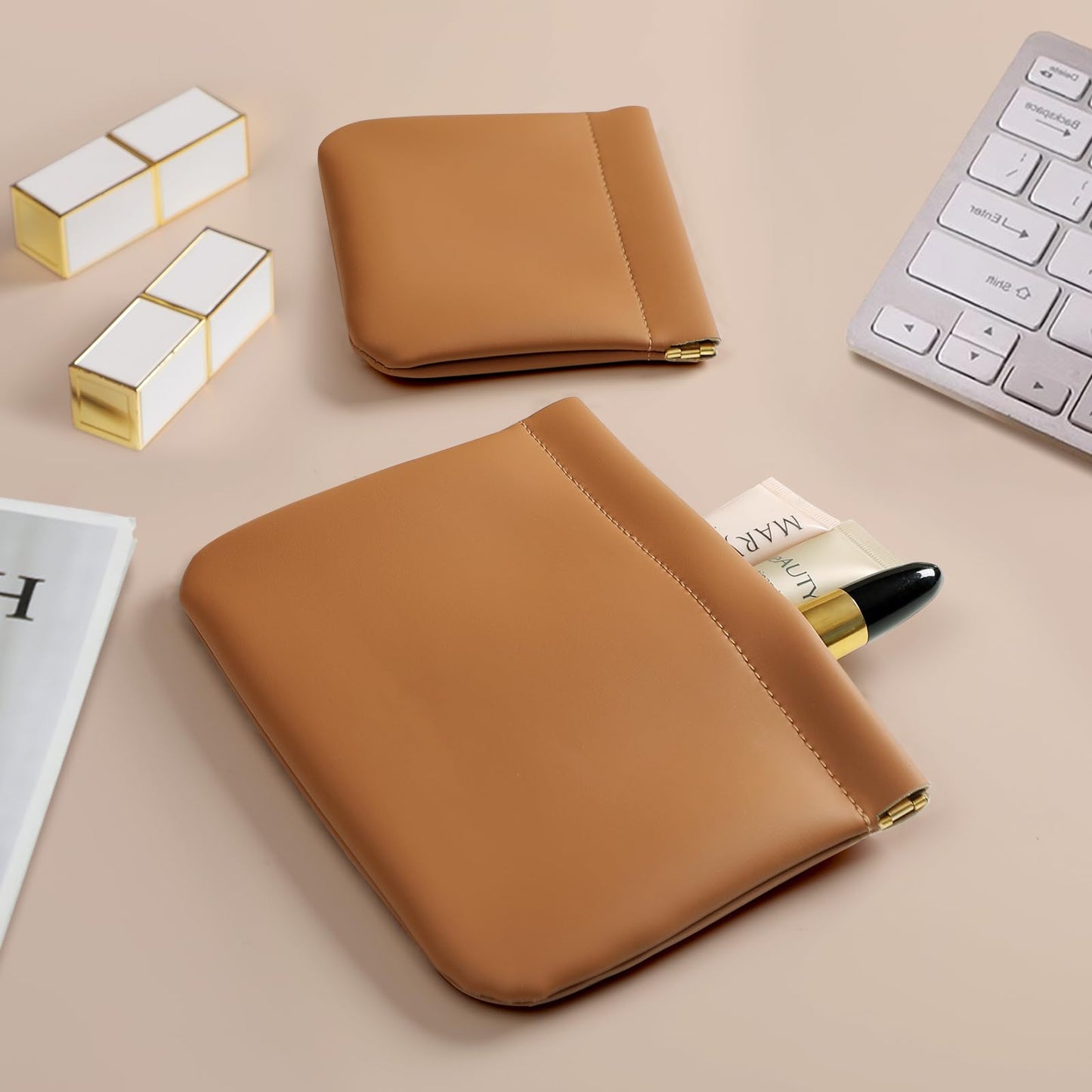 MEIBOOCH 2 Pack Small Makeup Bag for Women, New Organosilicon Super Fiber PU Leather Mini Cosmetic Bag for Travel, Coin Purse Organizer Storage Pouch (Brown)