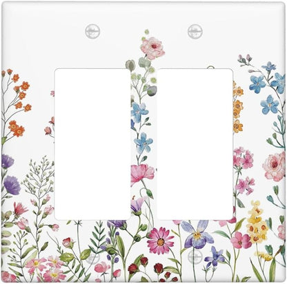 Rustic Wild Floral Vintage Watercolor Flower Double Rocker Light Switch Cover 2 Gang Wall Plate Covers Decorative Electrical GFCI Outlet Plates for Home Bathroom Kitchen Decor