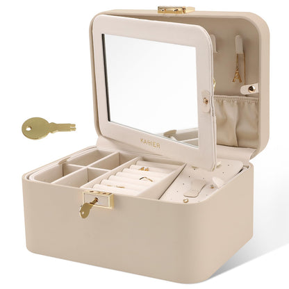 Upgraded Jewelry Box, 2 Layers PU Leather Jewelry Organizer for Women with Lock and Mirror, Hidden Necklace Hook and Removable Divider Large Capacity Travel Jewelry Box Ideal for Gift-With Gift Box