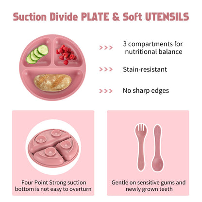 Losecu Silicone Feeding Set|Baby Led Weaning Supplies|Suction Plate Bowl Set with Bib, Spoon, Fork, Sippy Cup|Feeding Eating Supplies BPA Free