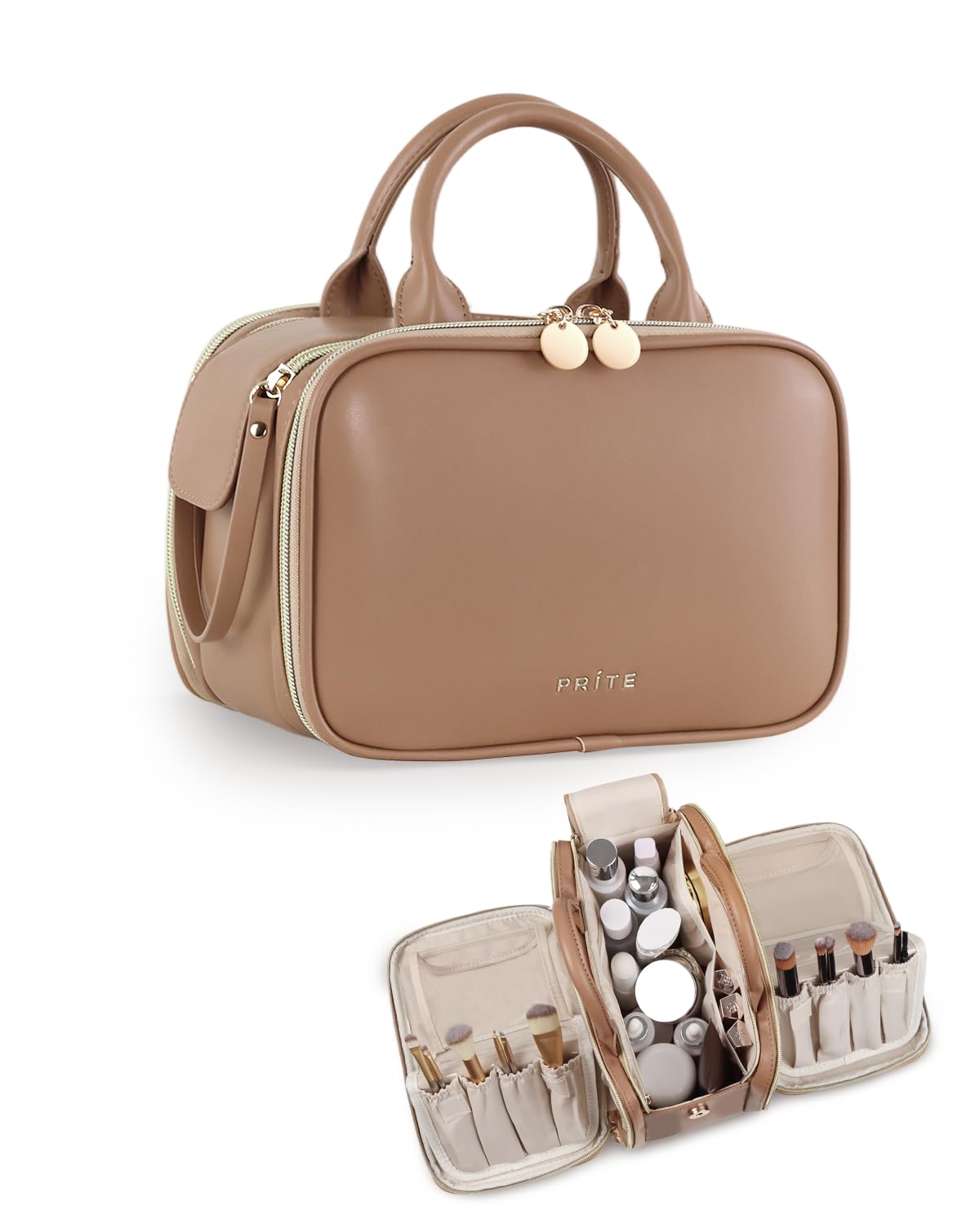 Prite Makeup Bag for Women, Large Capacity Waterproof Travel Cosmetic Organizer, Portable Open Flat Toiletry Bag with Free-standing Brush Holder and Handle(Brown Medium)