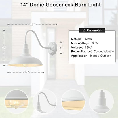 14 Inch Dome Outdoor Gooseneck Barn Light Fixture for Farmhouse, White Exterior Goose Neck Wall Mount Lights for Porch, Barn Style Wall Sconce Lighting for Patio, Garage