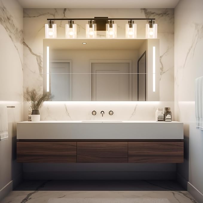 6 Light Bathroom Light Fixtures, 40 Inches Bathroom Lighting Fixtures Over Mirror, Black Vanity Light with Clear Glass Shades