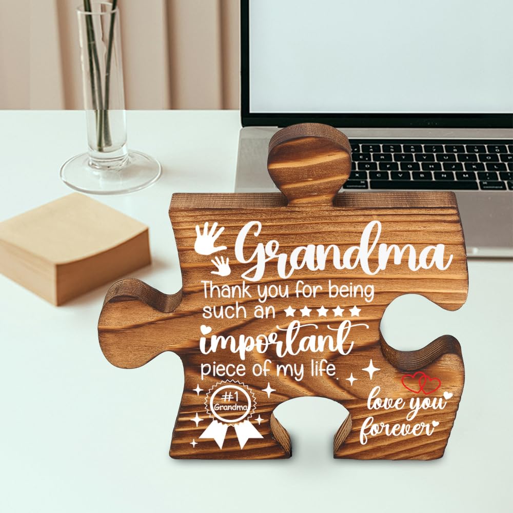 Grandma Puzzle Piece Gift Appreciation Plaque Family Love Sign Wooden Desk Decor for Grandmother Birthday Mothers Day Gift from Grandkids Decorative Signs & Plaques-LMP40