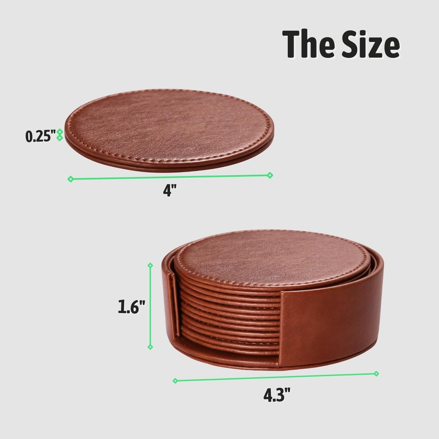 Lorteme Drink Coasters with Holder, 4" Leather Coasters for Drinks Set of 6 for Tabletop Protection, Elegant Home Decor & Handmade Housewarming Gift - Brown