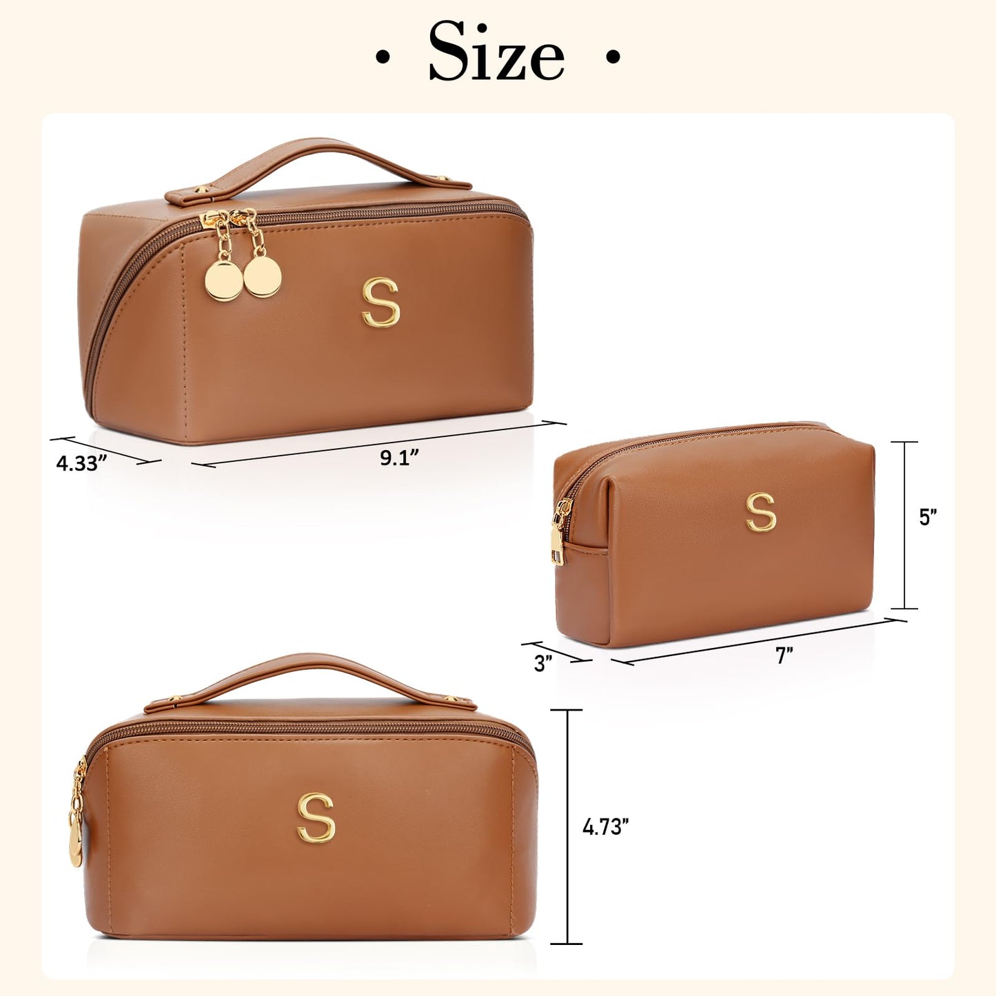 CLOUDWINGS Birthday Gifts for Women Teen Girl, Personalized Initial Makeup Organizer Bag Set, Open Flat Travel Cosmetic Bag With Clear Divider and Handle(Brown,S)