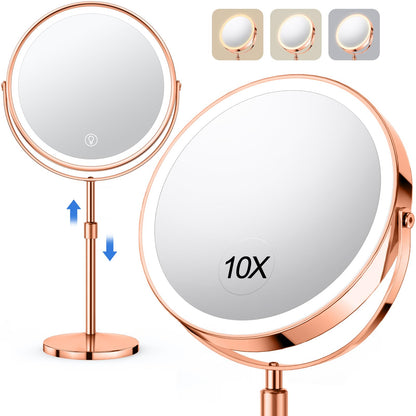 Lighted Makeup Mirror, Rechargeable Height Adjustable Double Sided, 1x/10x Magnifying with 3 Color, Brightness Adjustable, 360° Rotation Vanity, Gift for Women